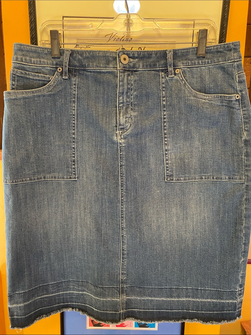 Christopher & Banks Raw Hem Jean Midi skirt. Size 14 petite
